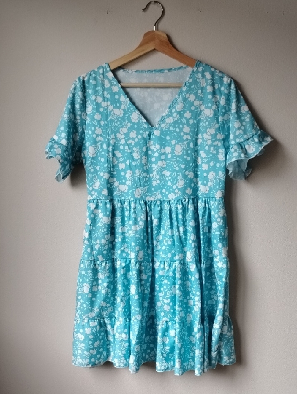 Classic Aqua Floral Women's Dress with Ruffle Sleeves